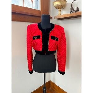 Vintage 80s Karen Lucas for Niki Red Quilted Velvet Trim Cropped Jacket Size M/L
